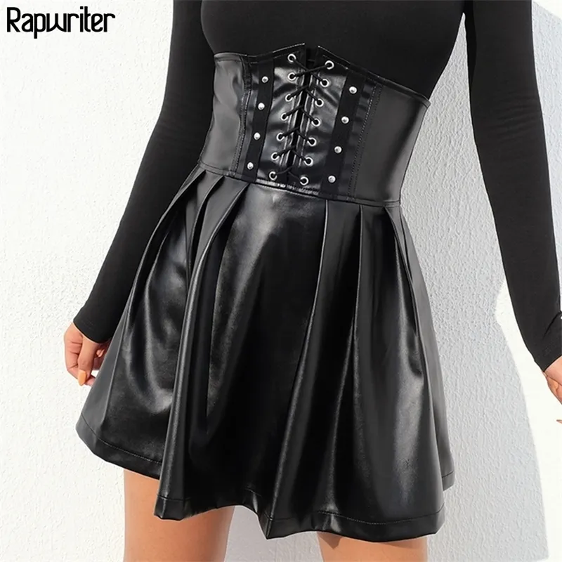 Rapwriter Mode Réglable Taille Haute À Lacets PU Jupe Plissée Femmes Goth Sexy Dos Fermeture À Glissière En Cuir Mini Jupe Saias Falda 210306