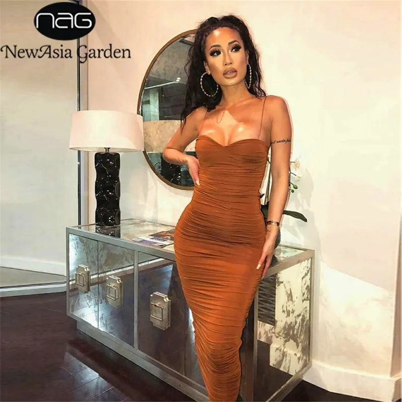 Newasia 2 warstwy letnia sukienka kobiety plisowana długa sukienka seksowna spaghetti paski Ruched imprezowe sukienka Brown vestidos szatę femme 210302