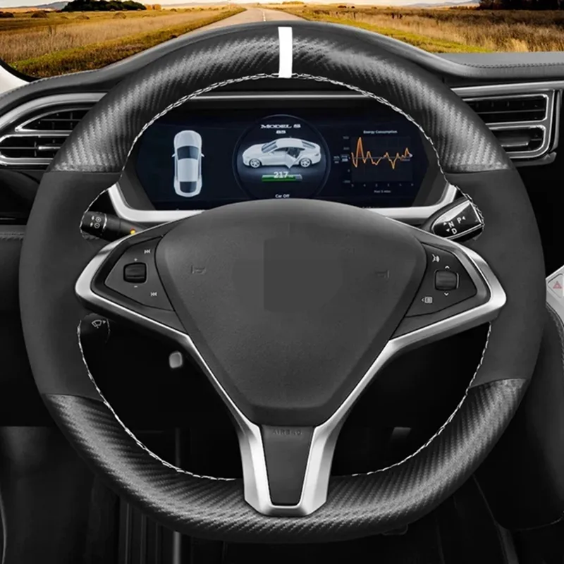 테슬라 모델 S 2009-2021 Tesla Model X 2012-2020 자동차 액세서리 용 블랙 카본 파이버 스웨이드 자동차 스티어링 휠 커버