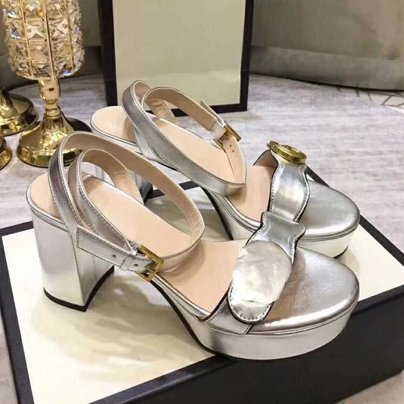 Platform high heels leather golden sandals with metal buckles fashion ladies dress shoes beautiful wedding shoes