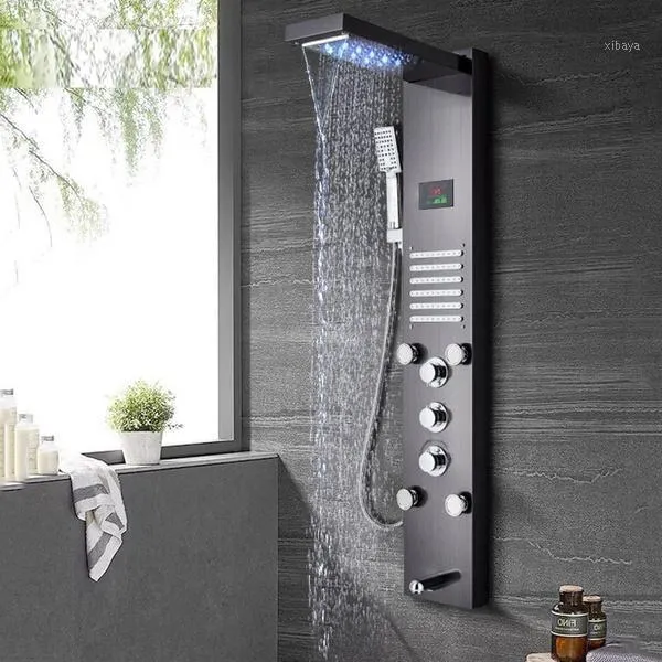 Banyo duş setleri LED dijital fırçalanmış nikel siyah panel sütunu yağmur şelale kafa masajı spa jetleri mikser musluk banyosu