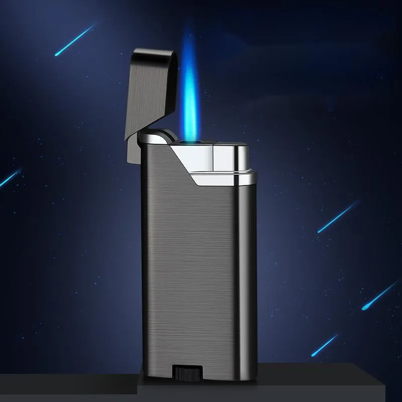 Metal inflatable Lighter Torch Open Cover Press Straight Blue Flame Windproof Lighter Ultra Thin Creative Personality Lighters