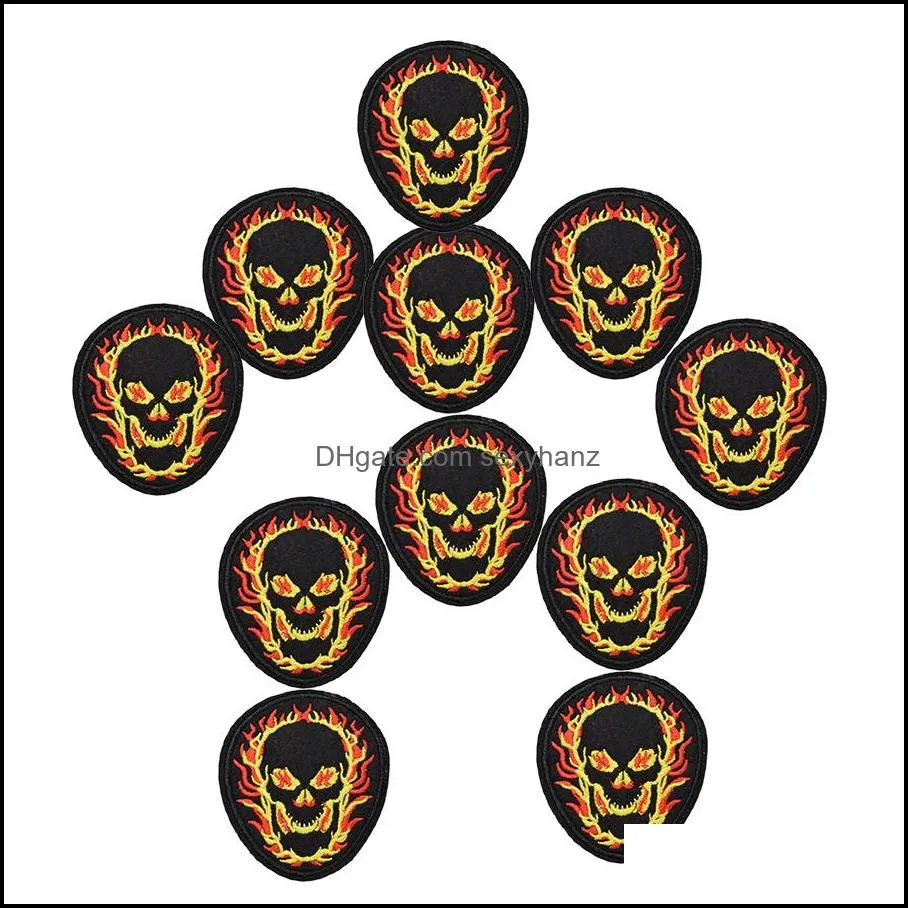 10pcs punk fire skull badges cooles for clothing iron embroidered applique iron ones sewing accessories diy