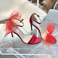 2022 Mesh Bow Ankle Strap Sandals Women Shoes Open Toe High Heels Wedding Tulle Stiletto Summer With Box