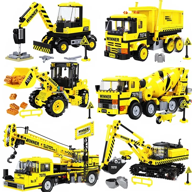 City Construction Engineering Vehicle Technical Excavator Bulldozer Crane Cement Mixer Dump Truck Loader Building Block 220715