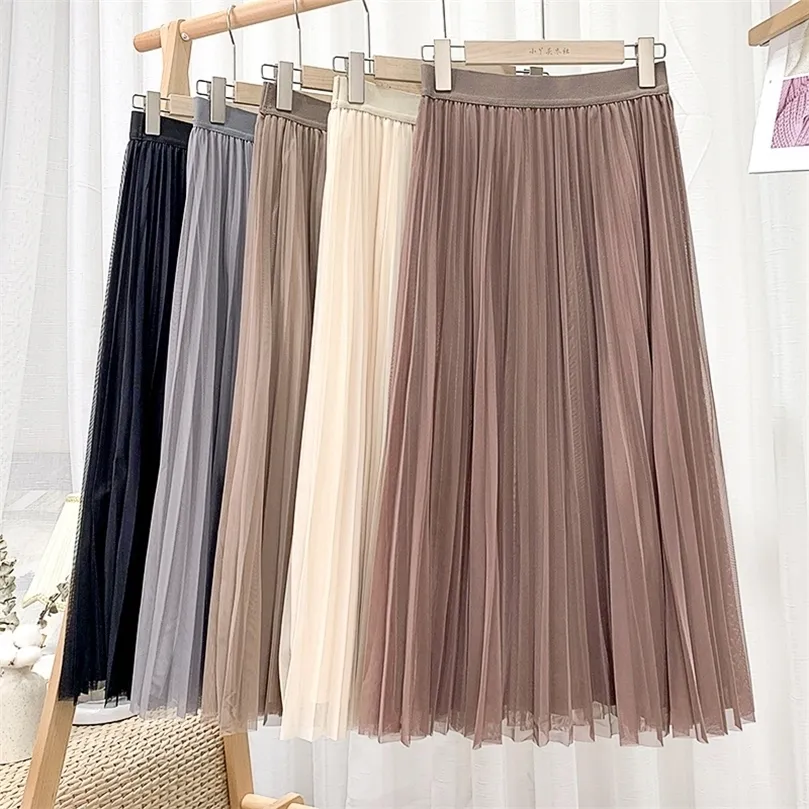 Croysier Mulheres Longa Tule Plissado Saia Primavera Verão Elástica Cintura Alta Cintura Mulher Elegante Mesh Midi Roupas 220317