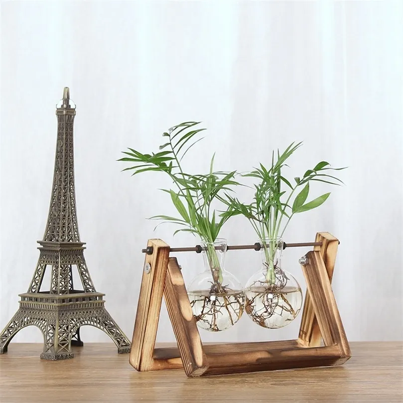 Glass and Wood Vase Planter Terrarium Table Desktop Hydroponics Plant Bonsai Flower Pot Hanging Pots with Wooden Tray Home Decor 220423