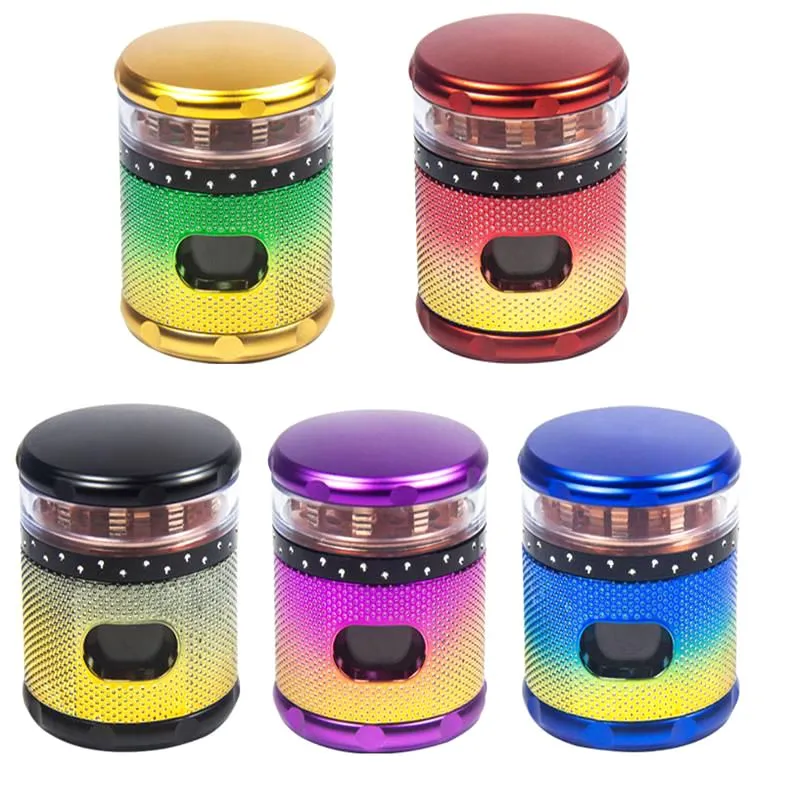 Colored Teeth Visible Through The Window Herb Grinders Smoking Accessories Multi Colors 4/3 Layers Zinc alloy + Bakelite Height72mm OD 63MM GR426