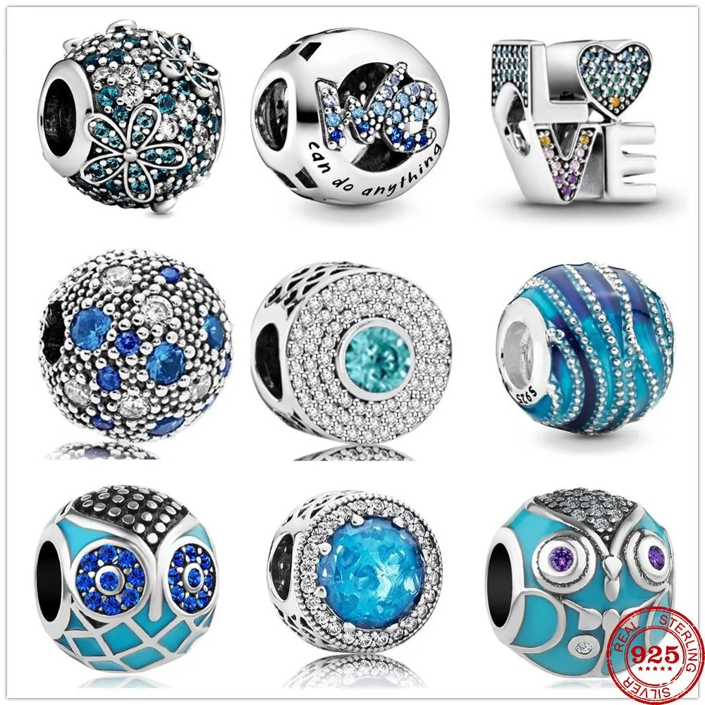 925 Sterling Silver Ciondola Charm Perline di metallo Onda blu AMORE Perline di zirconi colorati Bead Fit Pandora Charms Bracciale Accessori gioielli fai da te