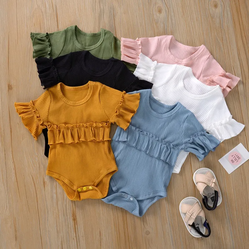 6 Colors Newborn Baby Ribbed Rompper Romper Stripe Summer Jumpsuit Infant Girl ruffed Short Sleeve Bodysuit Clothes M4131