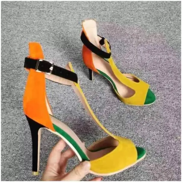 Sandálias 100% Royal Orange Snap Fuckle Peep Toe Sandals Saltos finos 8 cm 10 12 sapatos de alta festa u61d
