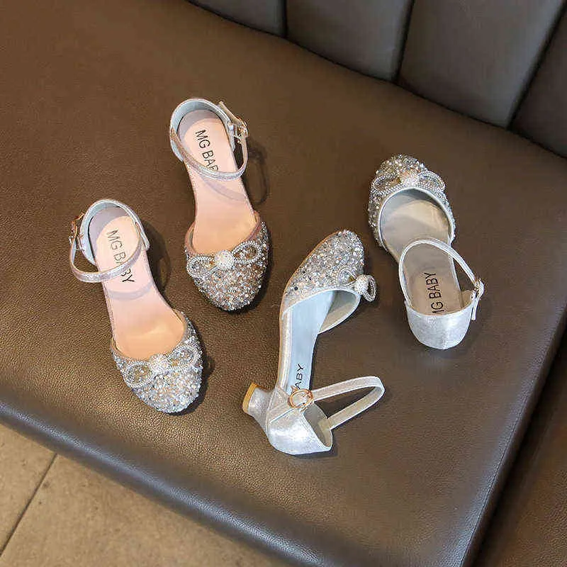 Flickor High Heels for Kids Party Wedding Afton Dress Shoes 2021 Fashion Crystal Summer Princess Strumpor Tjej Sandaler E02165 G220418