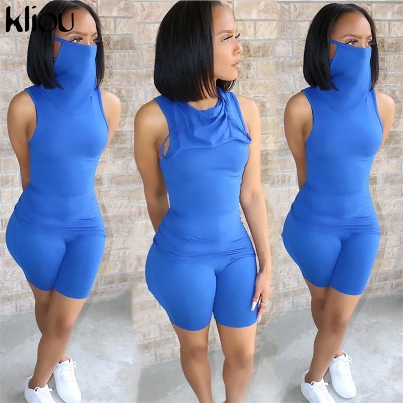 Kliou dames mouwloze tanktops fietsbroek set elastische mode casual solide workout vakantie streetwear matching set outfits lj201117