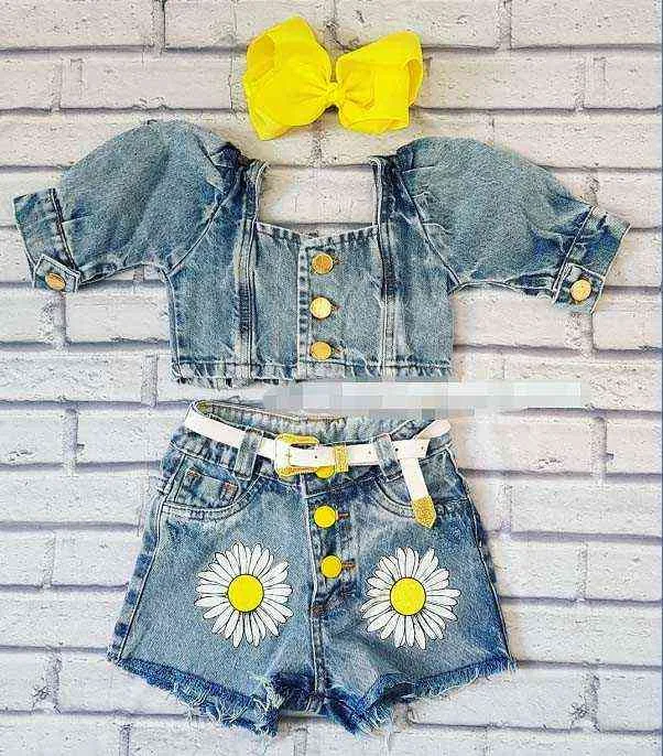 Citgeett Summer Kids Girls Outfits Suit Short Sleeve Zipper Crop Tops Blossom Print Elastic Waist Denim Shorts Clothing Set J220711