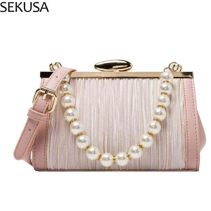 Evening Bags Ruched Fashion Lady Evening Bags Pearl Diamonds Chain Handbags Pu Ladies Design Holder Wedding Messenger 220321