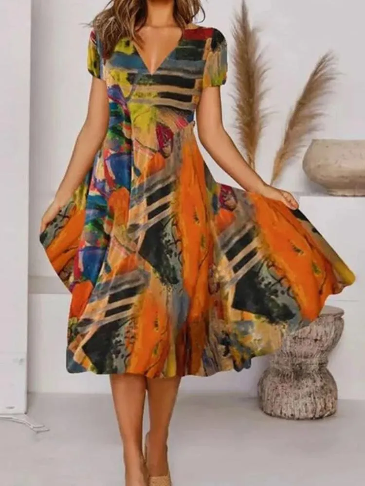 カジュアルドレスヴィンテージパターン印刷されたAラインドレス2022女性エレガントVネックドラップミディ夏半袖ビーチベスティドス