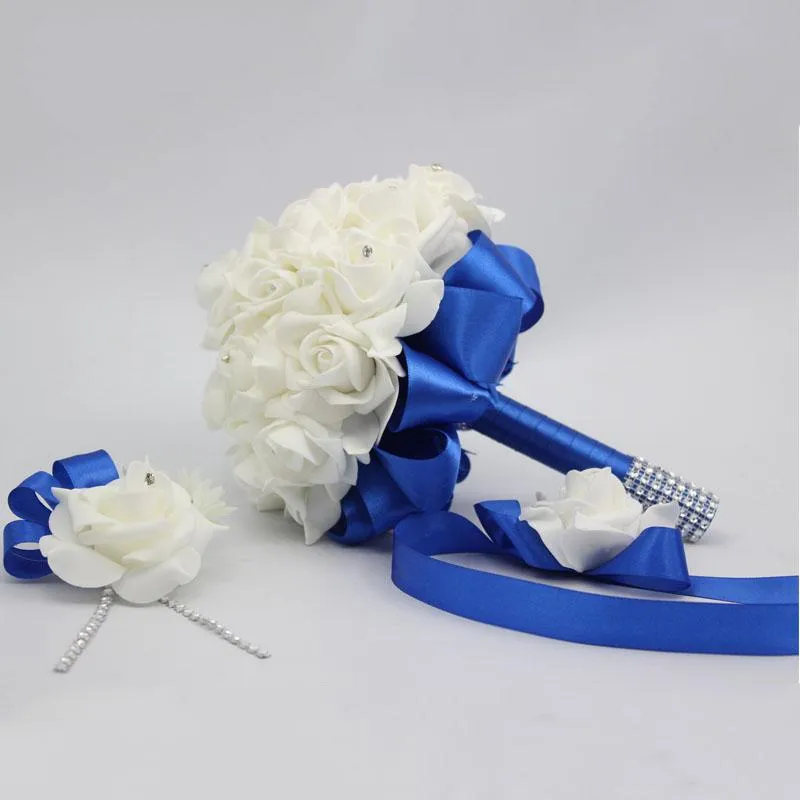 Flores decorativas grinaldas pcs Blue Bridesmais Rose Flower Holder Bouquet Man Boutonniere Corsage Set Party Home Party Flowe