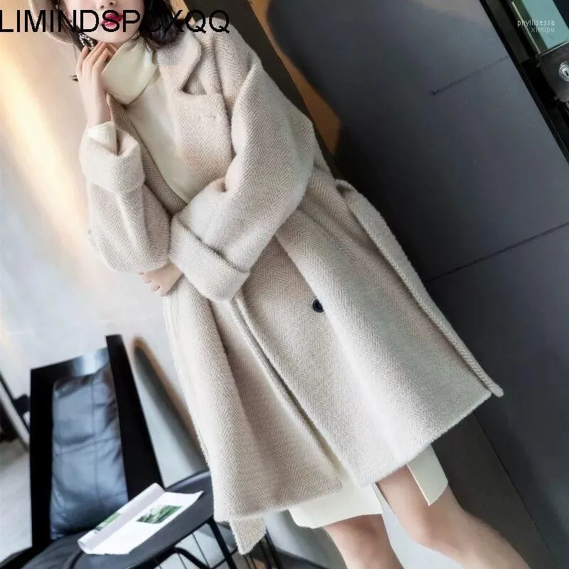 Cappotto da donna in misto lana da donna 2022 caldo inverno addensato capispalla femminile giacca coreana con cintura moda media lunghezza una linea cappotti da ufficio Phyl22