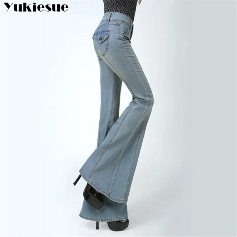 Vrouwige spijkerbroek met hoge taille voor vrouwen elegante retro -stijl bell bodem magere denim broek vrouwelijke sexy wide been jeans 210412