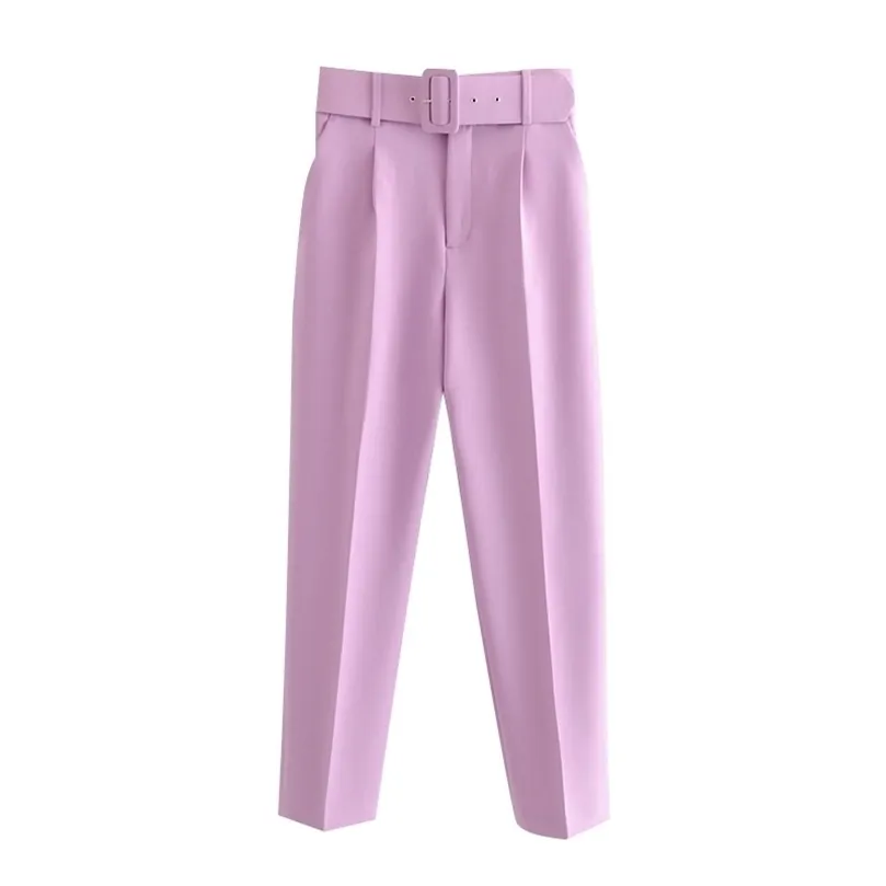 BLSQR Fashion Violet Women Suits Pants Blazer High Taille Belt Pants Office Dames broek 210331