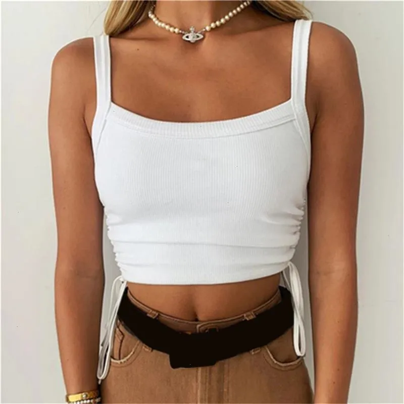 Cropped Tops Solid White Lace Up Bandage Tank Vintage 90s Streetwear Simple Style Ruched Tee Clothes