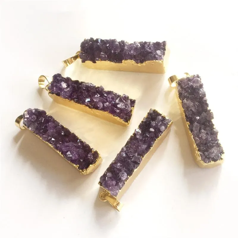 Pendant Necklaces Natural Amethystine Bar Gold Electroplate Rectangle Purple Crystal Quartz Jewelry Wholesale PD035Pendant
