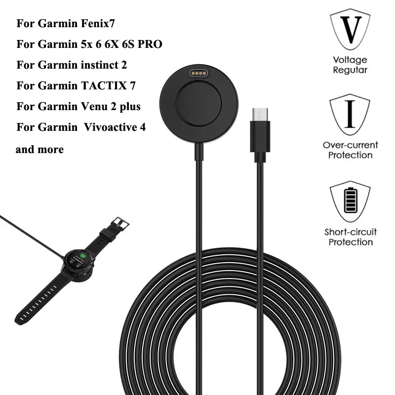 Carregador de dock de cabo USB tipo C para Garmin Fenix ​​7/7s/7x/6/6s/6x/5/5s/5x Instinto 2s Venu 2 Plus/Sq Vivoactive 4/4s 945 55 745 245 Tatix 7 Epix 2 Enduro USB C C.