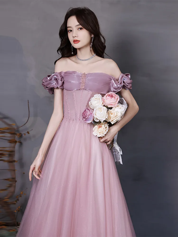 pink long evening dress Off The Shoulder Long Pink Modest Prom Dresses For Teens Party Dresses main image 1