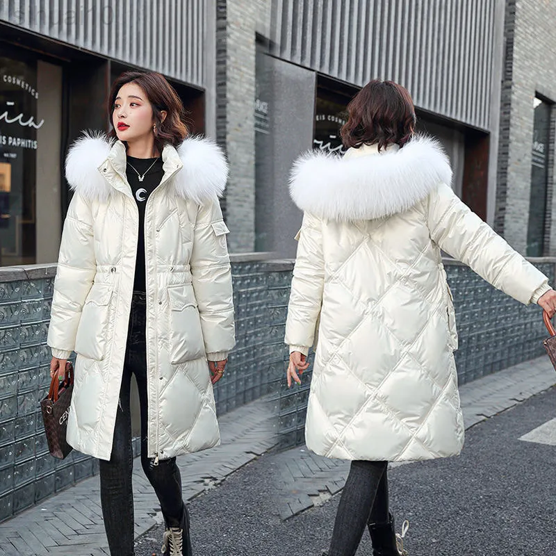 2022 Kvinnor Winter Jacket Quality Coat Long Female Parkas Kläder Plush Collar Huven Tjock varma framfickor M-3XL L220730