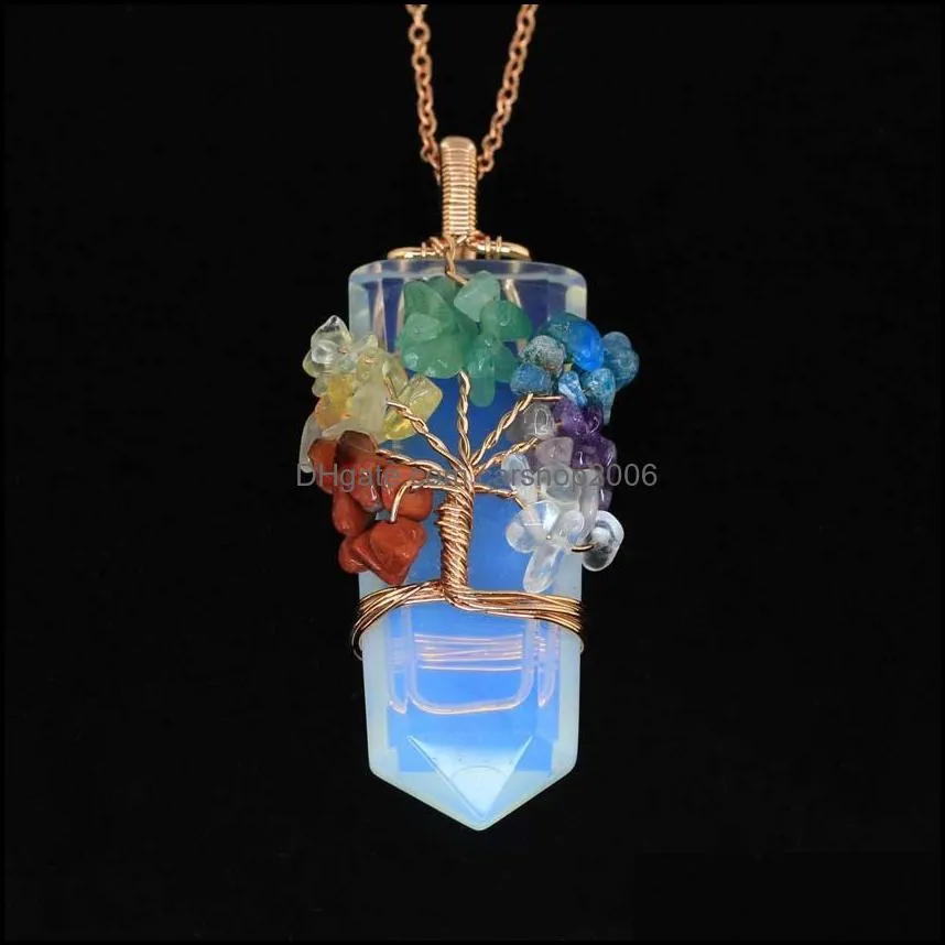 JLN Natural Crystal Life Tree Pendant Chip Gemstone Wire Wrapped Quartz Sword Shape Hexagon Prism Amulet Charm With Brass Chain