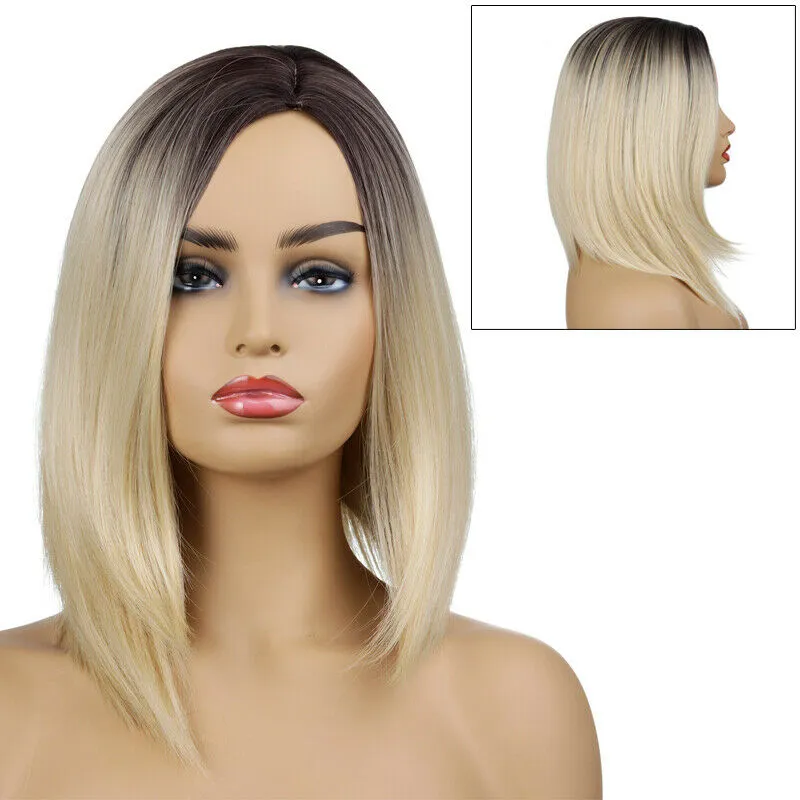 Mode kvinnor blanda gyllene blond brun gradient kort rak cosplay hår peruker