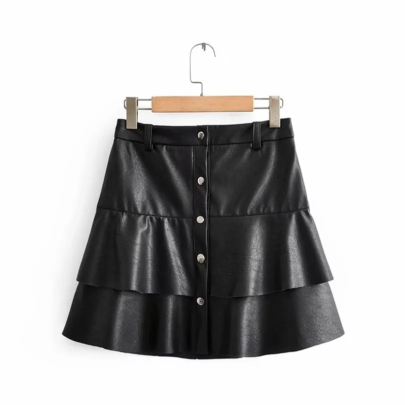 Women vintage cascading ruffles PU Leather mini skirt faldas mujer ladies single breasted casual vestidos chic skirts QUN526 210315