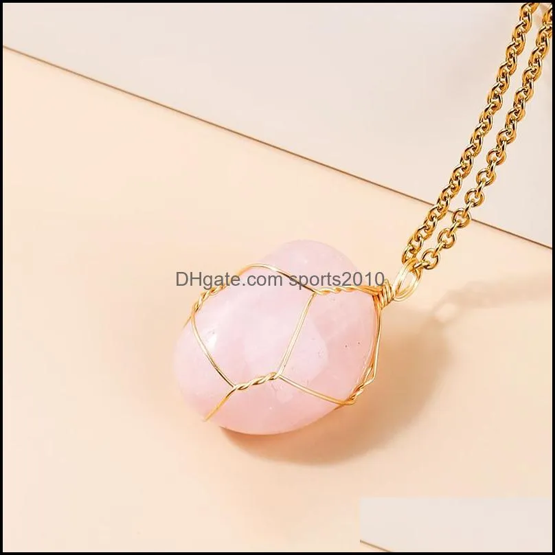 irregular round natural stone pendant necklace amethyst lapis rose quartz crystal gold wrap wire necklaces healing for women men
