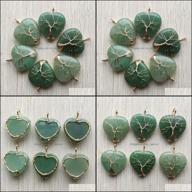 natural green aventurine stone charms tree of life gold wire wrapped love heart pendants for necklace jewelry marking mjfashion