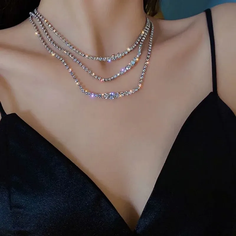 Mode Glänzende Volle Strass Choker Halsketten Für Frauen Geometrische Einfache Luxus Kristall Halsketten Erklärung Schmuck