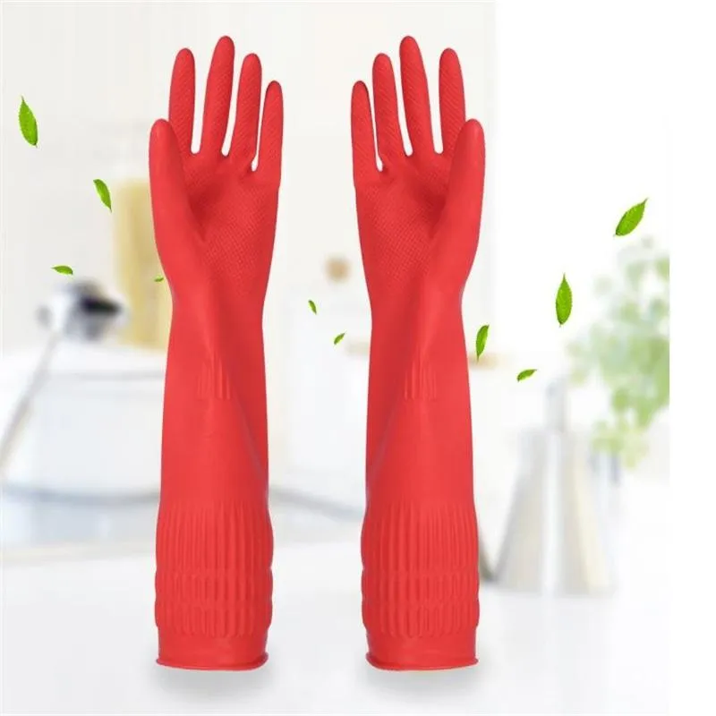 Gants de nettoyage en caoutchouc flexibles et confortables, longs pour laver la vaisselle rouge, fournitures de nettoyage pour la maison, cuisine, plantation en plein air