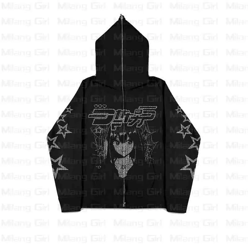 Zip up hoodie y2k anime stjärnor strass grafisk tryck tröja sport gotisk långärmad överdimensionerad hoodie jacka mäns kappa