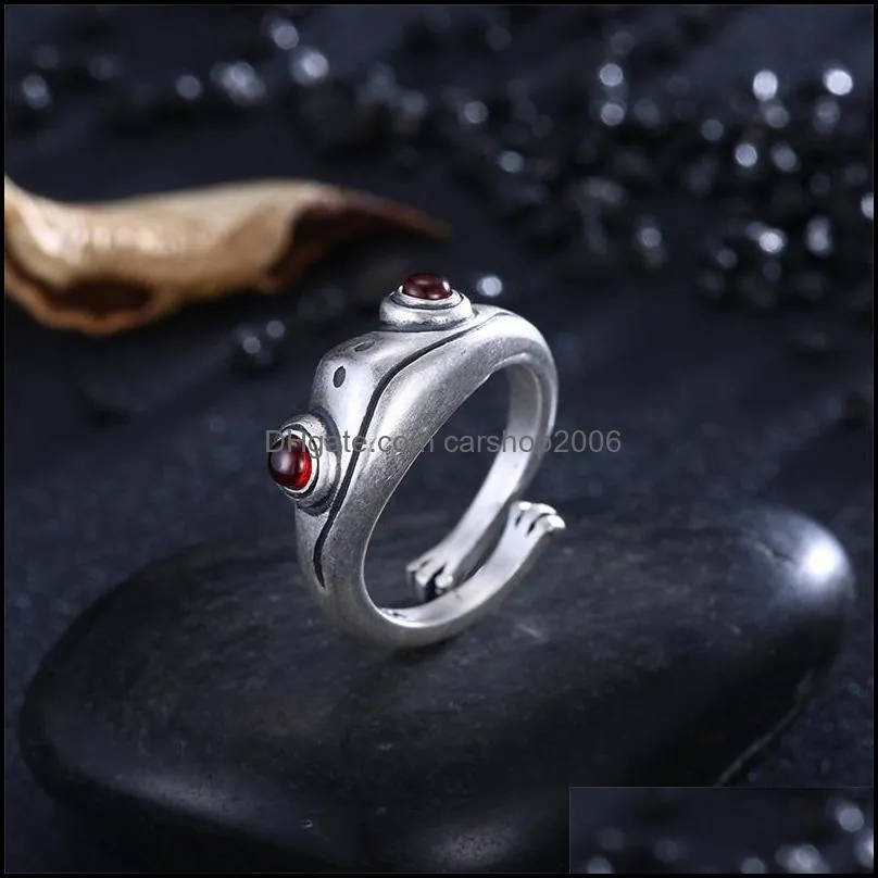 GOMAYA 925 Sterling Silver Vintage Frog Ring Cute Creative Animal Unisex Red Garnet Stone Adjustable Man Rings Fine Jewelry Gift 432