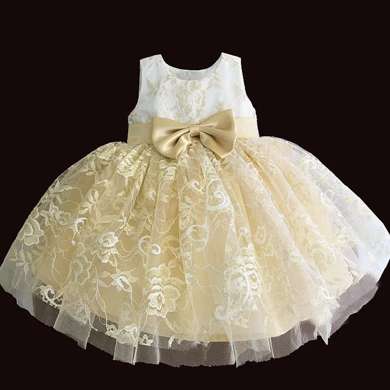 Robes de fille Golden Lace Girl Robe Summer Tutu Mariage Fête d'anniversaire Enfants pour filles Costume pour enfants Bow Ball Robe 3 6 12 24M 3TGi