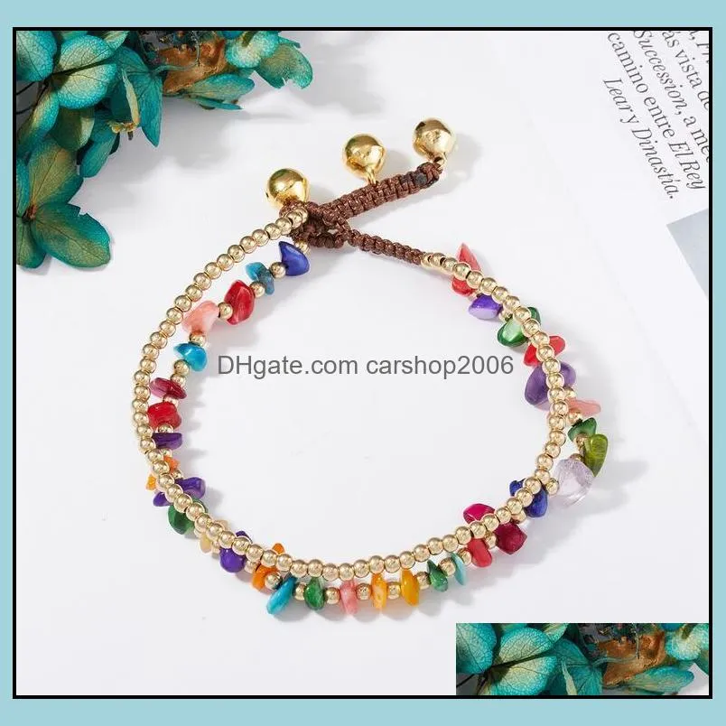 Bohemian Style Natural Gravel Stone Anklet Double-layer Retro Bell Hand Woven Beaded Foot Chain 6 colors