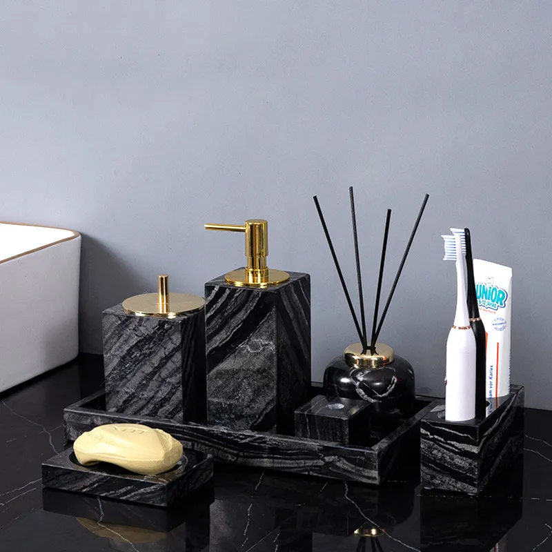 Ancient Wood Grain Natural Marble Bathroom Set with Tray Antique Luxury Soap Dispenser Retro Electric Toothbrush Holder 220624