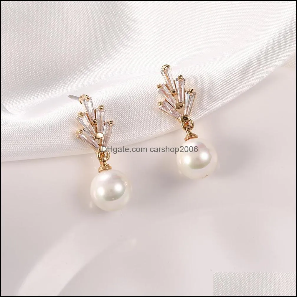 Fashion Pearl Teardrop Earrings Wedding Cubic Zirconia Dangle Earring for Brides Women Party Jewelry Gold Silver Rose Gold Plated