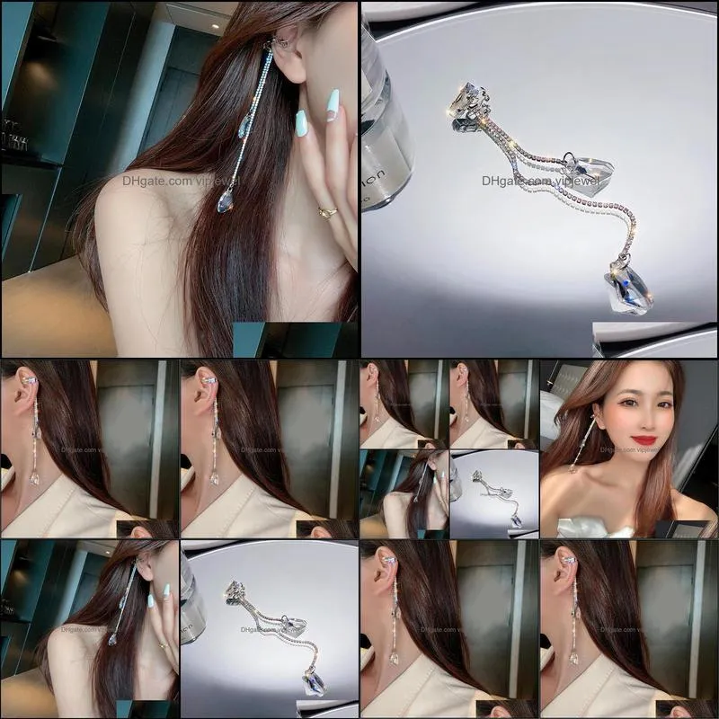 clip-on & screw back fashion korean rhinestone water drop cuff earrings for women crystal long tassel ear clip jewelry party