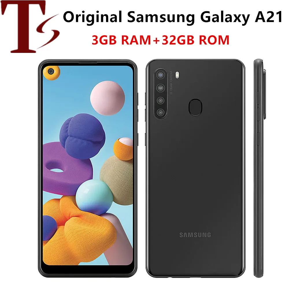 Téléphones Samsung Galaxy A21 d'origine remis à neuf A215U 6,5 pouces Téléphone portable débloqué 3 Go de RAM 32 Go ROM Smartphone Android avec accessoires de boîte scellée 8 pièces