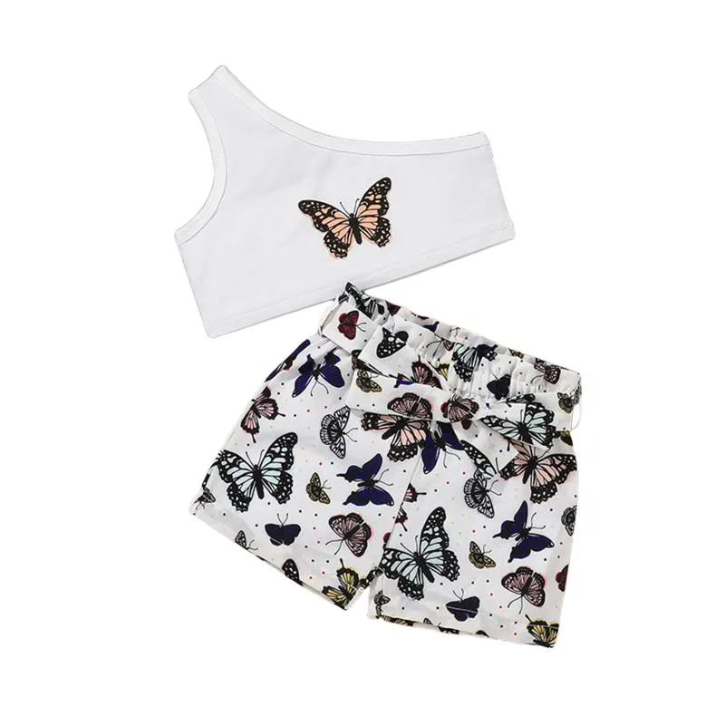 Roupas Conjuntos de roupas Crianças Terno Conjunto de verão Impressão de borboleta de um ombro com tampas curtas sem mangas para meninas 18 meses a 6 anos