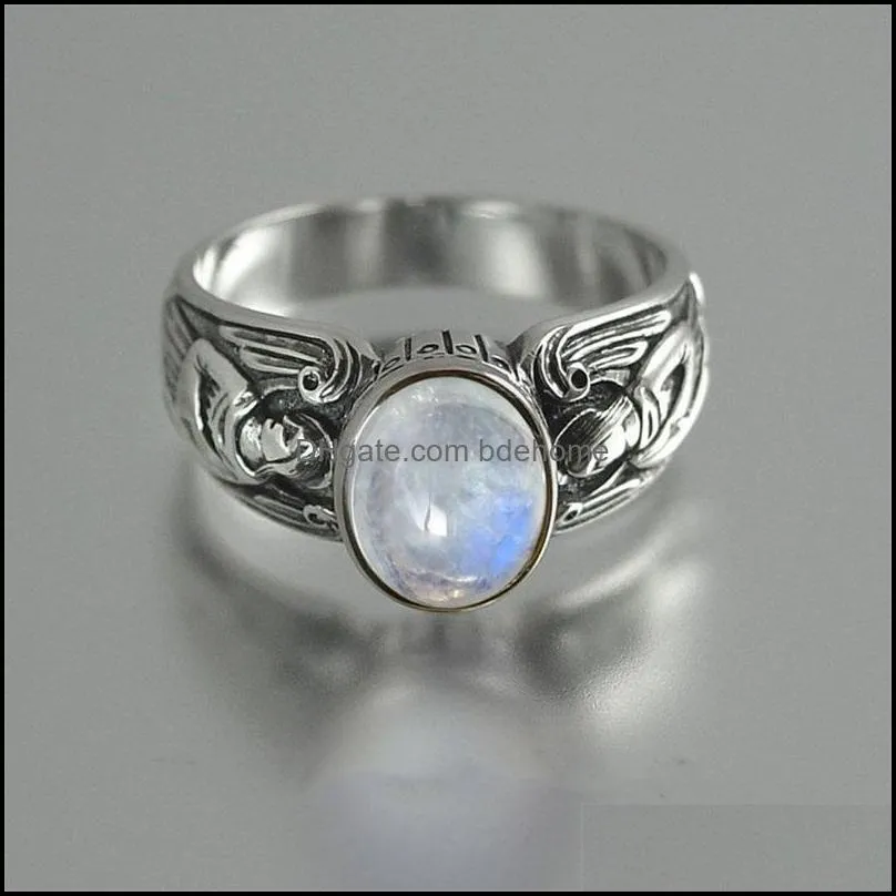 Guardian Angel Chunky Solitaire Ring Green Moonstone Rings For Woman Vintage Natural Stone Luxury Religion Jewelry Gift 93 D3