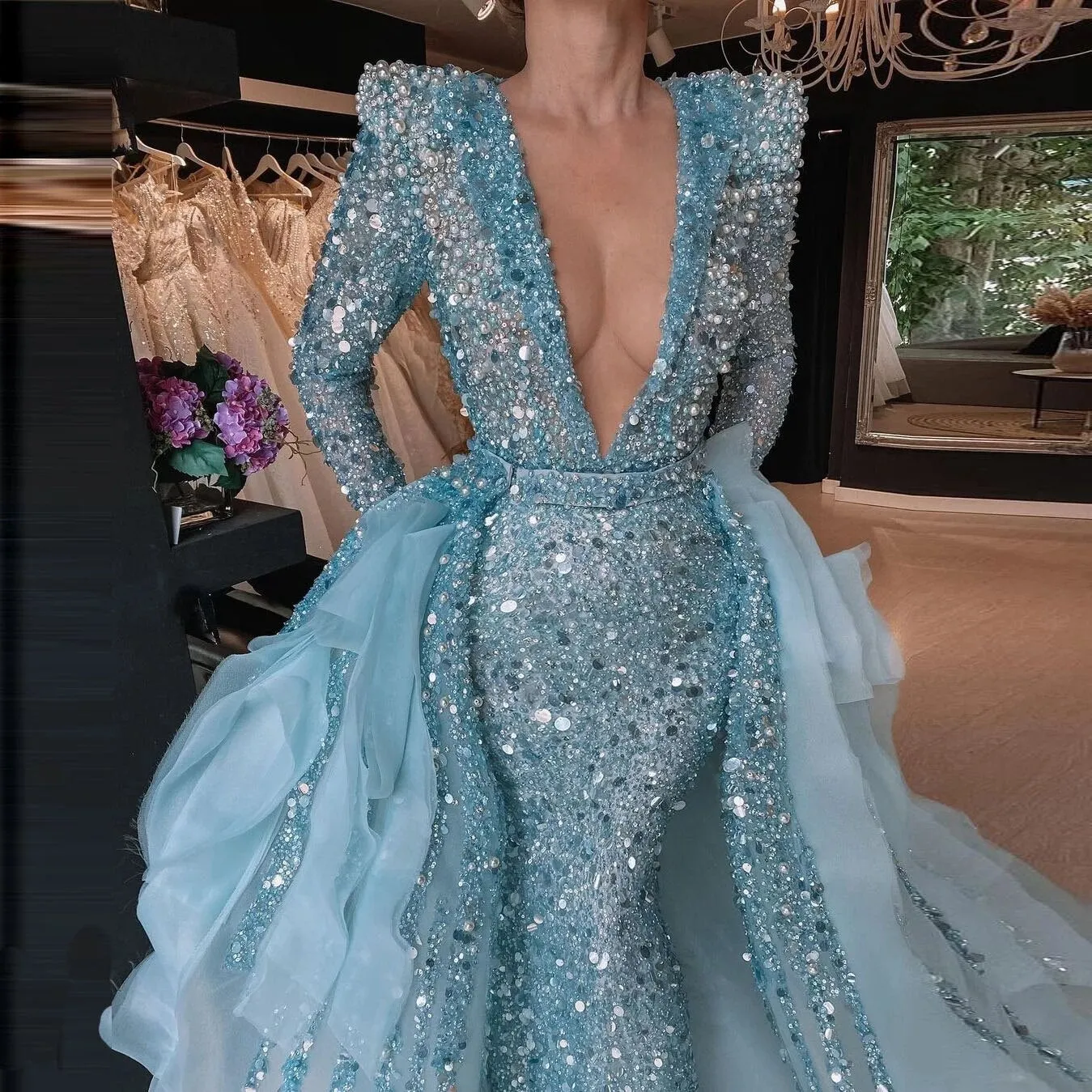 Elegant Evening Dresses for Women 2022 Bride Sequin Prom Gowns with Detachable Train Deep V Neck Cocktail Dress