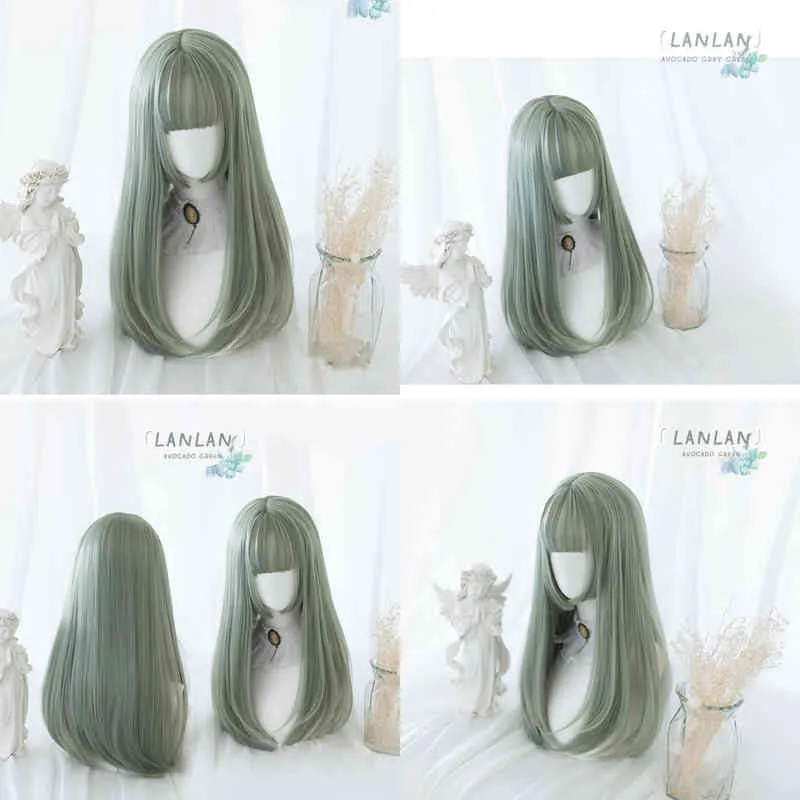 LM Princess Cut Long Straight Hair Lolita Matcha Harajuku Daily Cosplay 열 저항성 고온 섬유 가발 220622