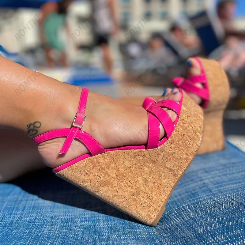 Handmade Fuchsia Red Platform Red Wedge Sandals With Ankle Strap