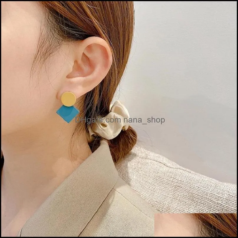 Korean Geometric Round Square Frosted Earrings for Women Fashion Temperament High Sense of Niche Earrings Blue Yellow Color